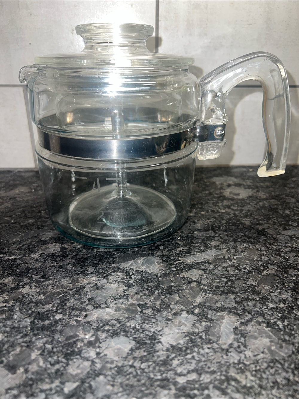 4 cup PYREX FLAMEWARE Clear Glass Stovetop Coffee Pot Stainless Accent COMPLETED